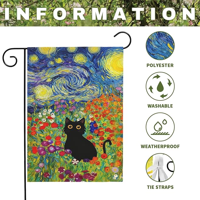 Spring Cat Garden Flag Van Gogh Style Black Cats Yard Falgs Vibrant Starry Night Floral Colorful Summer Artistic Kitty Flower Field House Banner for Porch Patio Lawn Pathway 12x18 Inch