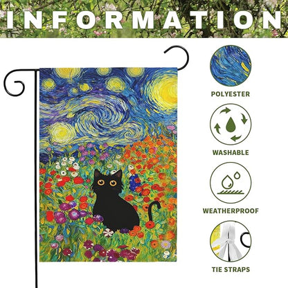 Spring Cat Garden Flag Van Gogh Style Black Cats Yard Falgs Vibrant Starry Night Floral Colorful Summer Artistic Kitty Flower Field House Banner for Porch Patio Lawn Pathway 12x18 Inch