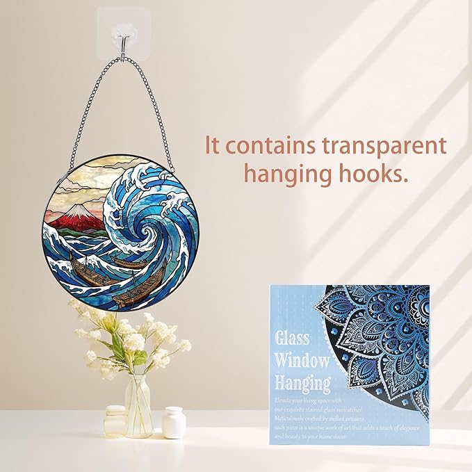 Stained Glass Window Hanging, 8" Round Mount & Great Wave Suncatcher with Metal Chain, Japanese Art Glass Decor for Home Garden, Gift for Mom, Friends, and Family