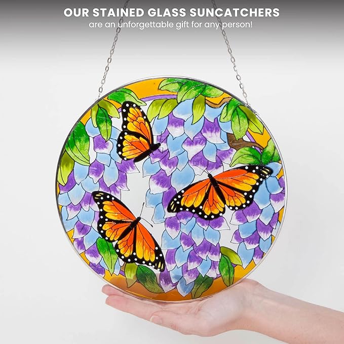 Bits and Pieces - Artistic Butterfly Suncatcher - Stained Glass Window Hanging - Hand-Painted Monarch Butterfly Suncatcher – Home Garden Decor - 9¾""