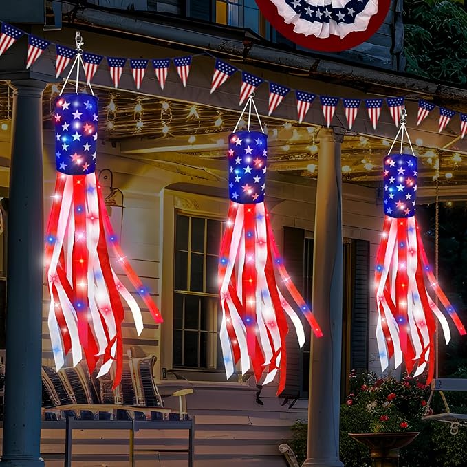 3 Pack 60 Inch Large American Flag Windsocks with Red White Blue Lights, 4th of July Decorations 250th Anniversary Patriotic USA Wind Sock for Outside Heavy Duty Memorial Day Yard Outdoor Decor