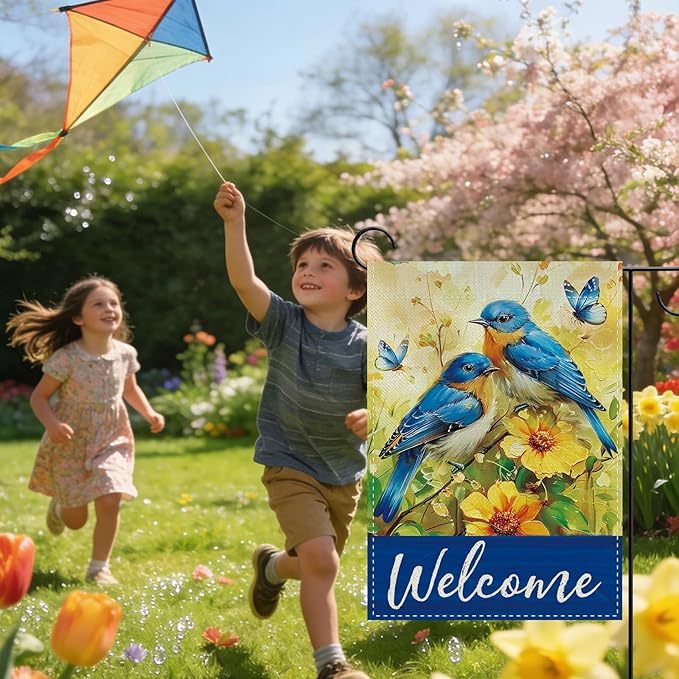 Welcome Spring Summer Bluebirds Decorative Garden Flag, Yellow Flower Butterfly Small Yard Outside Decorations, Farmhouse Floral Burlap Outdoor Home Decor Double Sided 12 x 18