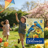 Welcome Spring Summer Bluebirds Decorative Garden Flag, Yellow Flower Butterfly Small Yard Outside Decorations, Farmhouse Floral Burlap Outdoor Home Decor Double Sided 12 x 18