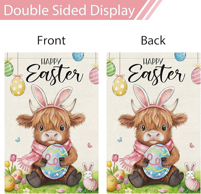 Heyfibro Happy Easter Highland Cow Bunny Garden Flag 12x18 Double Sided Burlap, Cute Cow with Bunny Ears & Easter Egg Yard Banner for Spring Holiday Farmhouse Yard Outdoor Decor(ONLY FLAG)
