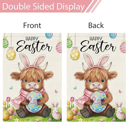 Heyfibro Happy Easter Highland Cow Bunny Garden Flag 12x18 Double Sided Burlap, Cute Cow with Bunny Ears & Easter Egg Yard Banner for Spring Holiday Farmhouse Yard Outdoor Decor(ONLY FLAG)