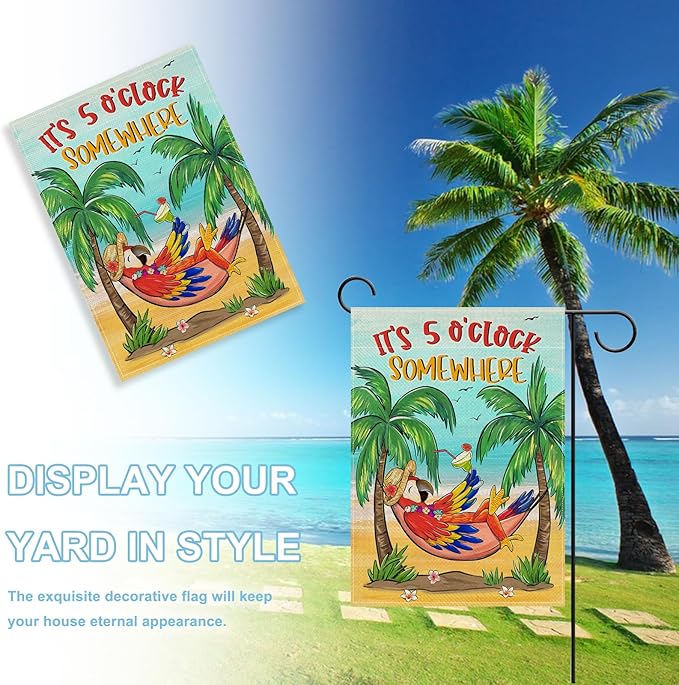 Welcome Summer Parrot Bird Decorative Garden Flag, It's 5 O'clock Somewhere Beach Coastal Tropical Palm Tree Yard Outside Decoration, Hawaii Nautical Outdoor Small Home Decor Double Sided 12x18