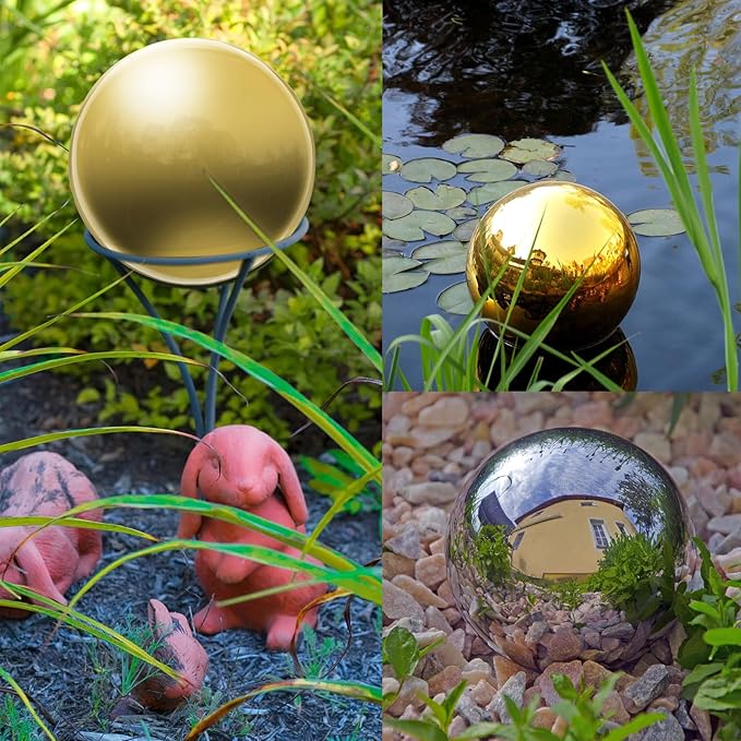 uxcell Gazing Ball 4 Inch 100mm Reflective Sphere Polished Hollow Ball, Stainless Steel Gazing Globe Mirror Ball for Home Garden Outdoor Decoration, Gold Tone