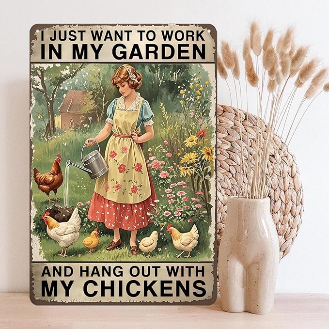 Chicken Coop Decor Garden Signs Themed Gifts For Women Metal Signs For Outside Personalized Signs For Outdoor Chicken Coop Accessories Gardening Stuff I Just Want To Work In My Garden And Hang Out With My Chickens Sign Gifts 8x12 In