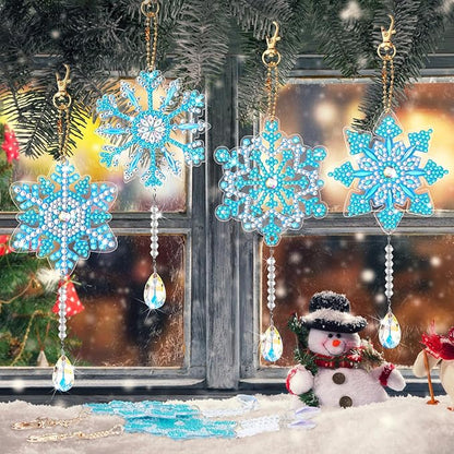 4 Pcs 5D 9.7x3 inch Christmas Diamond Painting Kits DIY Point Drill Diamond Painting Wind Crystal Wind Chimes Double Snowflake Ornaments with Crystal Pendant for Home Garden Hanging Decor(Blue, White)
