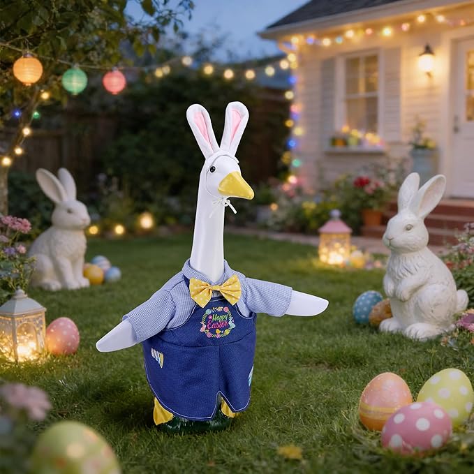 Watayo 2 Pcs/Set Easter Porch Goose Outfits, Happy Easter Bunny Lawn Goose Costume, Cute Garden Goose Clothes Suspender Skirt and Bunny Ears Headband for 23" High Statue Spring Patio Yard Decor