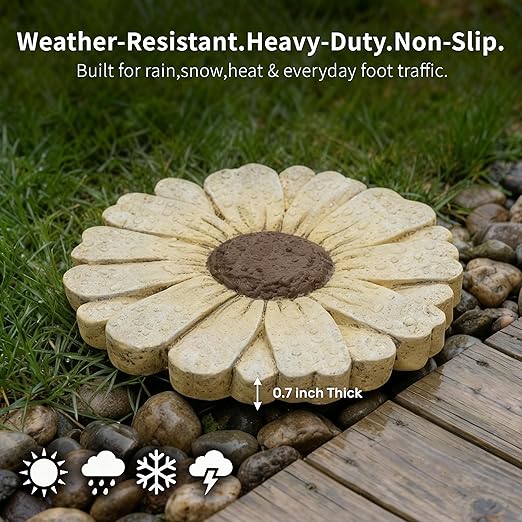 Landoraloria Cement Flower Stepping Stone 10” Daisy Garden Path Stone for Yard & Walkway Handcrafted Non-Slip Outdoor Patio Decor Weather-Resistant Cement Stone (White)