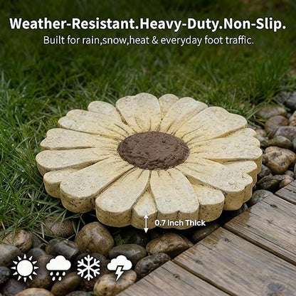 Landoraloria Cement Flower Stepping Stone 10” Daisy Garden Path Stone for Yard & Walkway Handcrafted Non-Slip Outdoor Patio Decor Weather-Resistant Cement Stone (White)
