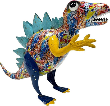 Colorful Metal Stegosaurus Dinosaur Garden Statue - Abstract Graffiti Pattern, Patio and Lawn Sculpture Ornament Yard Art, Indoor Home Decoration, Outdoor Fun