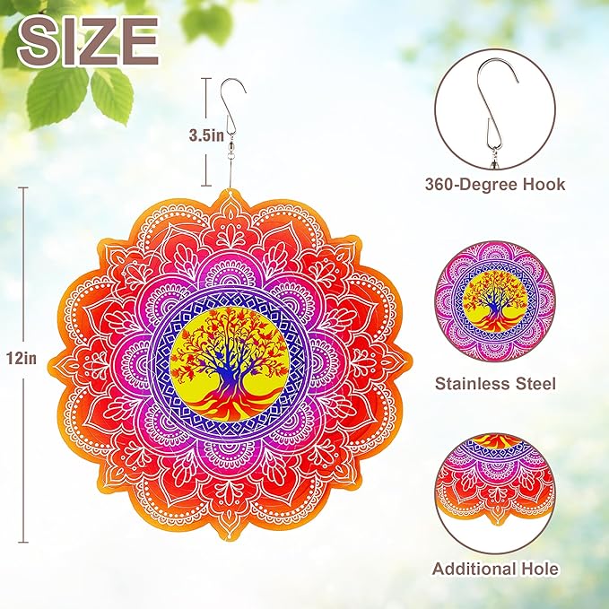 Hanging Wind Spinner 12 Inch, Tree of Life 3D Stainless Steel Wind Spinner, Garden Yard Patio Decor, Indoor Window Wall Art for Meditation, Mindfulness, Breathwork, Calming Gift