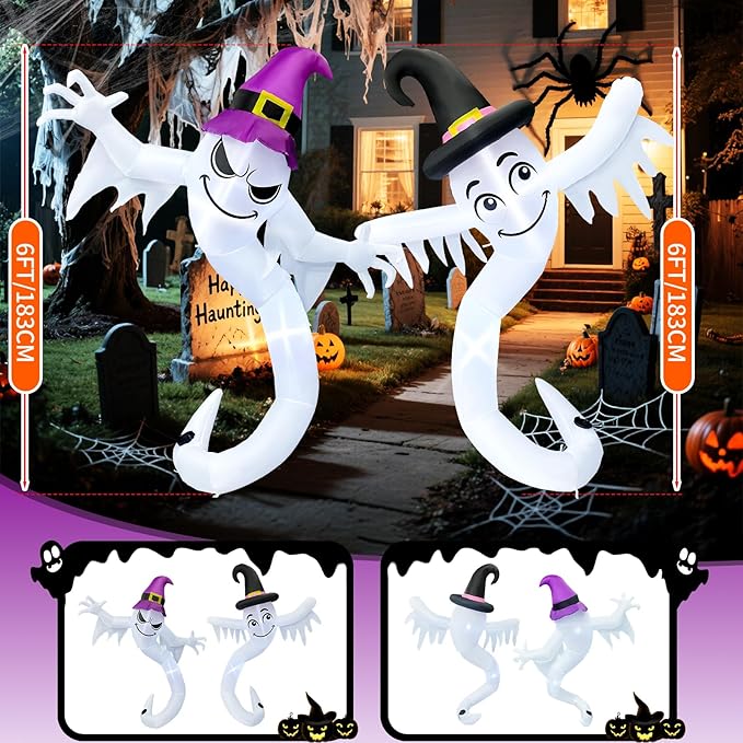 【2025 Latest Release】 Halloween Inflatables Ghost Outdoor Decorations 6FT Double Ghosts Inflatable with 4 LED Lights Cute Blow Up Yard Decor for Outdoor Ghost Decor for Yard Garden Lawn