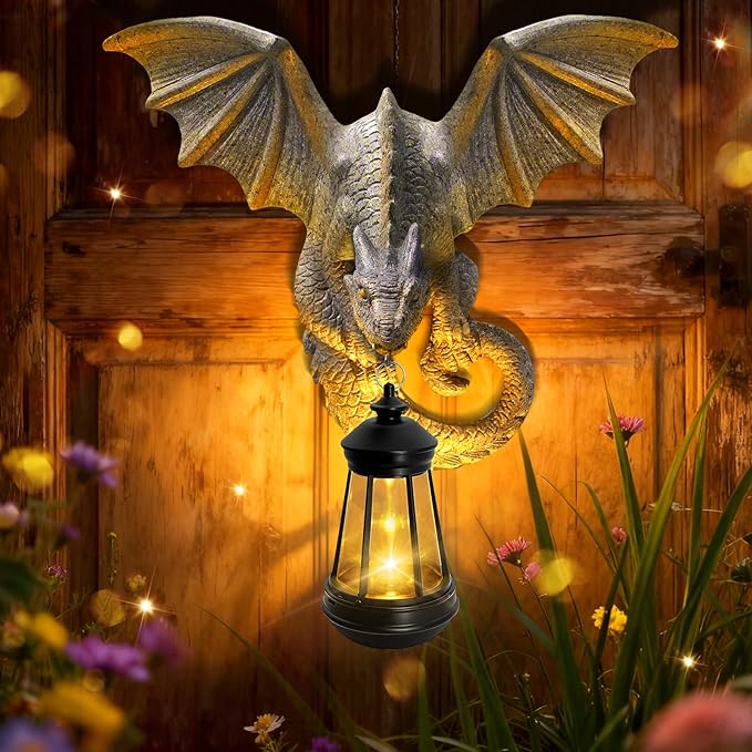 Dragon Tree Hugger Garden Statue - Resin Dragon Figurine Wall Hanger Sculptures Decor with Solar Lantern Lights, Outdoor Waterproof for Balcony Wall Porch Yard, Gifts for Mom Women Mother's Day