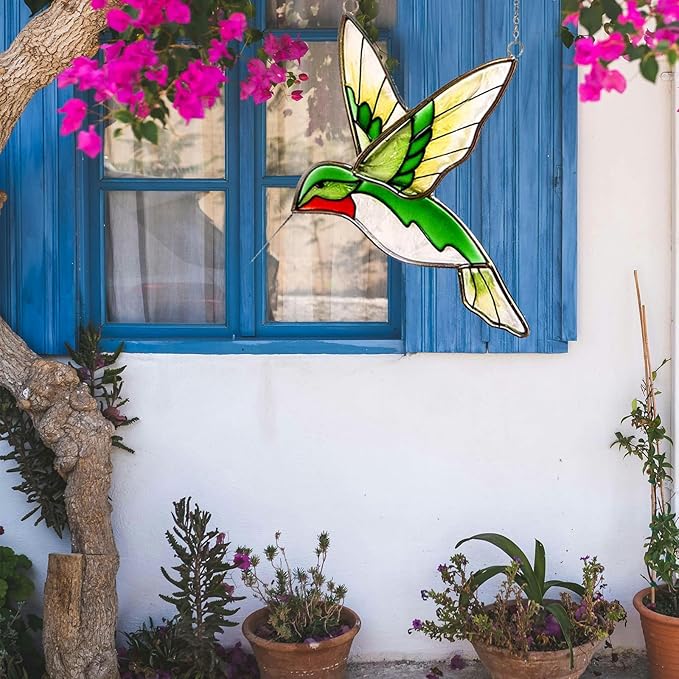 Hummingbird Stained Glass Window Hanging Light Catchers Home Decor Handmade Ruby Throated Bird Sun Catchers Indoor Window Ornament Hummingbird Gifts for Women & Mom Bird Lovers
