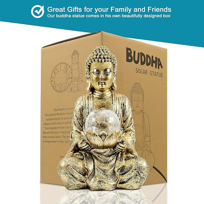 Nacome Meditating Buddha Statue with Solar Light,Zen Solar Garden Buddha with Cracked Glass Ball Sculpture-Indoor/Outdoor Decor for Balcony,Garden,Patio,Porch Yard Art Ornament,10.5 inch(Gold)