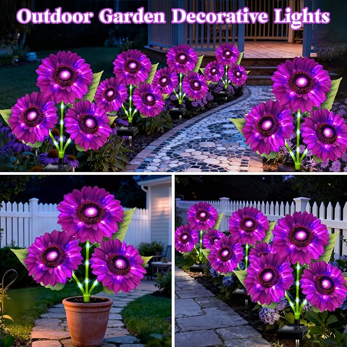 Solar Garden Lights Outdoor, 3 Pack Sunflower Lights with 9 Large Purple Sunflower, Waterproof Garden Decor, Birthday Gifts for Mom Grandma, Decorative Solar Flowers for Pathway Patio Yard Decoration