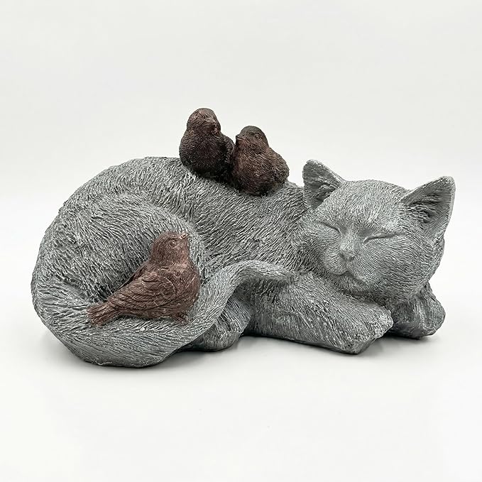 Cat Statue Outdoor Garden Decor - 11.4" Sparrows on Cat Figurine Memorial Grave Markers Garden Resin Sculpture for Outdoor Decoration, Pet Statues Gifts for Loss of Tabby Sympathy 11.4" x 7.1" x 4.6"