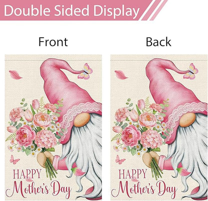 Heyfibro Happy Mother's Day Garden Flag 12x18 Double Sided Burlap, Gnome Garden Flag with Pink Floral Bouquet Yard Banner for Spring Outside Outdoor House Mothers Day Decoration (ONLY FLAG)