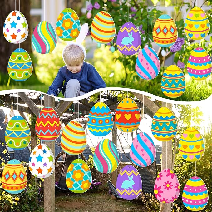 Ferraycle 16 Pcs Easter Decorations Outdoor Easter Eggs Hanging Yard Signs 7.9 Inch Large Colorful Egg Shaped Double Sided Plastic Slices Ornaments for Tree Porch Yard Outside Party Decor(Floral Egg)