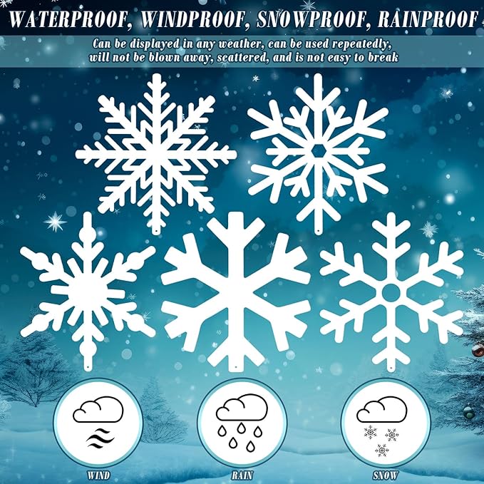 5 Pcs Winter Snowflake Yard Signs Metal Snowflake Yard Stakes White Winter Wonderland Decorations Decorative Christmas Lawn Signs for Indoor Outdoor Garden Lawn Holiday Party Decor
