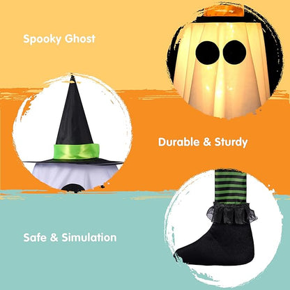 JOYIN 23.6'' 3PCS Halloween Hanging Ghosts Decorations Outdoor, Warm Light Up Ghosts Tree Decor with Witch Hat & Timer, Glowing Halloween Decorations for Yard Patio Garden Outside Haunted House Party