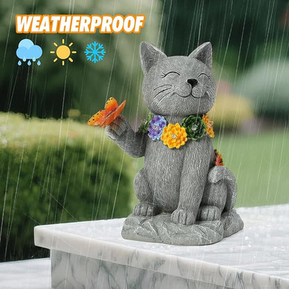 Oneirion Solar Cat Garden Statue - 7 LED Lights with Flowers & Butterfly Yard Art, Lawn Porch Outdoor Decor, Gift for Mom, Grandma & Women