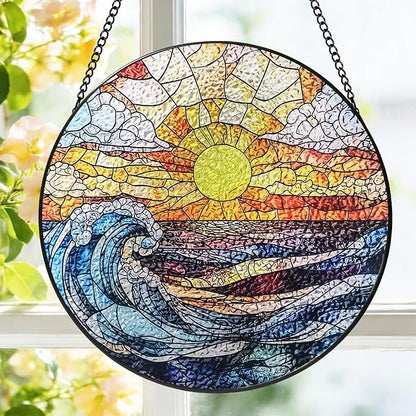 Stained Glass Window Hanging, 8 Inch Ocean Waves Suncatcher, Sun Catchers Indoor Window, Beach Suncatchers for Windows Hanging, Spring Home Garden Decor Panel Mothers Day Birthday Gift for Mom Grandma