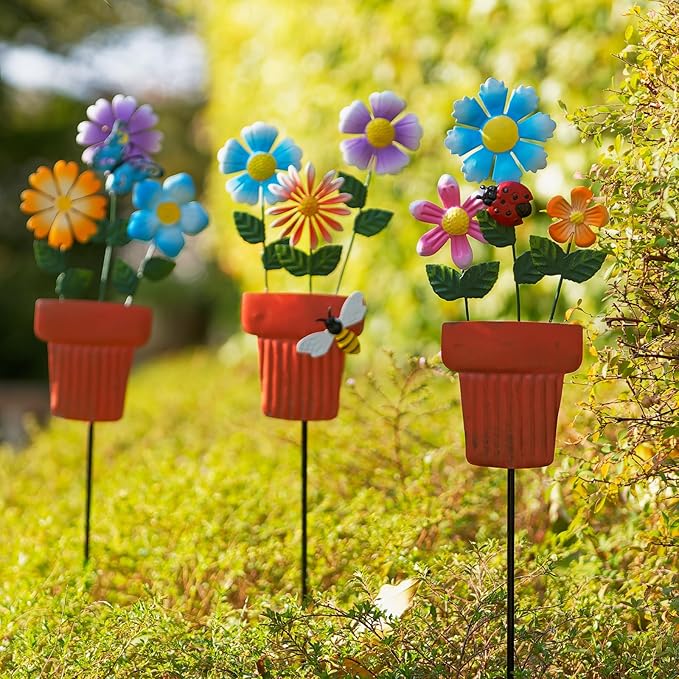 3 Pcs Metal Flower Garden Stakes, 24" H Flower Pot Shape Decorative Garden Stakes, Metal Yard Art for Outdoor Spring Lawn Patio Pathway Decor