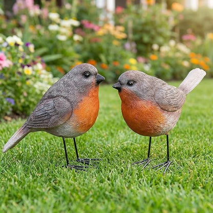 2Pcs Realistic Robin Figurines Ornaments Resin Bird Statues with Sturdy Metal Feet Small Animal Sculpture Decoration for Garden Patio, Outdoor Shelf, Miniature Scene & Yard Art, Gift for Nature Lovers