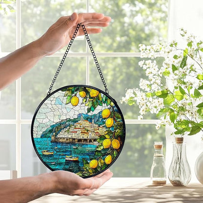 Italian Lemon Amalfi Coast Suncatchers Stained Glass Window Hanging, Summer Beach Lemon Sun Catchers Indoor Window Glass Round Wall Decor, Mediterranean Wall Hanging Decorations, 7.9x7.9in