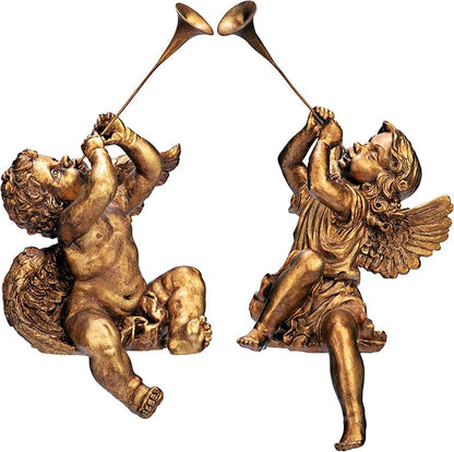 Design Toscano JE930801 Trumpeting Angels of Peter's Square Holiday Statue Ornaments, Set of Two, Boy & Girl, 7 inches Wide, 13 inches Tall, Handcast Polyresin, Antique Gold Finish