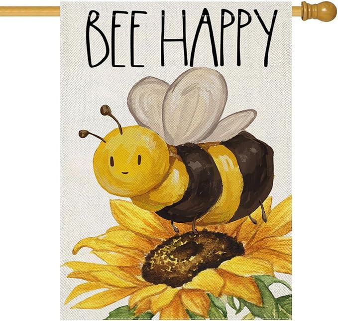 BEE HAPPY House Flags for Outdoor Decoration, Summer Watercolor Bee with Sunflower Large Yard Flag, Seasonal Decorative Celebration Decor for Spring Farmhouse Holiday Outside 28x40 Inch Vertical Double Sided