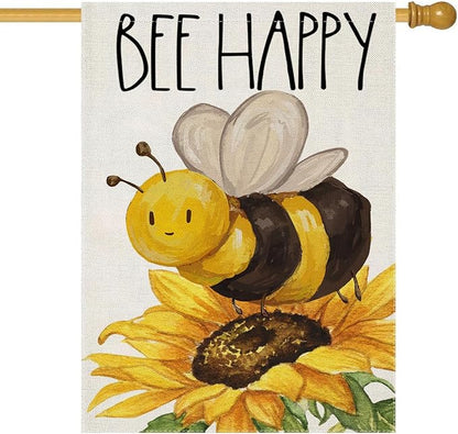 BEE HAPPY House Flags for Outdoor Decoration, Summer Watercolor Bee with Sunflower Large Yard Flag, Seasonal Decorative Celebration Decor for Spring Farmhouse Holiday Outside 28x40 Inch Vertical Double Sided