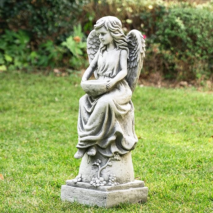 glitzhome GH50526 Angel with a Bird Bath Garden Decor Statue, 31 Inch, Antique Beige