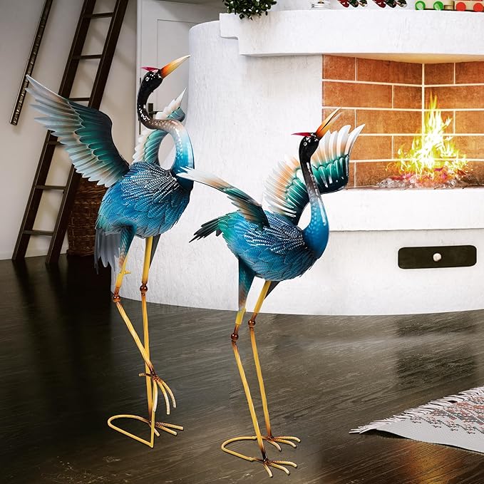 Garden Statues Large Metal Crane Sculptures, Outdoor Heron Metal Statue Yard Art for Garden Decor, Realistic Bird Art for Outdoor Decor, Standing Lifelike, Water&Rust-Proof, Set of 2 Sky Blue