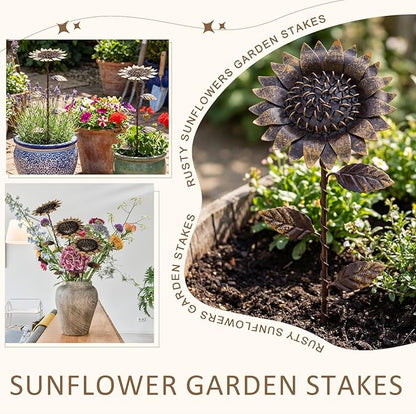 AceOrbit 5 Pcs Rusty Garden Stakes for Outside 11.8" Metal Art Decor Bed Decor Weatherproof 3D Rusty Plant Pick for Farmhouse Outdoor Yard Lawn Patio Walkway Pathway Decoration (Sunflower)