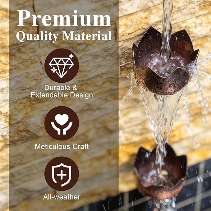 DUSVALLY Rain Chain, 5.85 FT Lotus Metal Rain Chain, Functional and Decorative Replacement for Gutter Downspouts, Divert Water and Home Display, Adjustable, Antique Brown