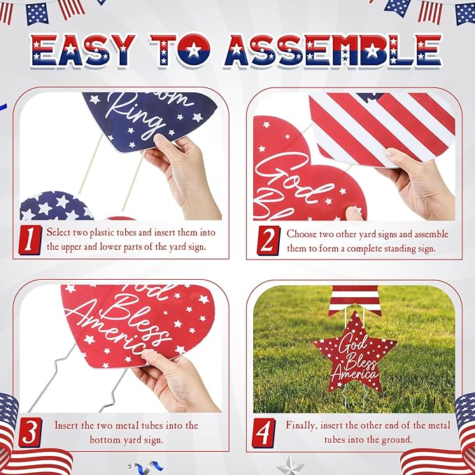 RattanView 6 Pack Outdoor 4th of July Yard Signs Stars and Heart Front Porch Decor with Stakes Red White Blue Lawn Sign Flower Pot for Garden Patio Lawn Independence Day Patriotic Party Decorations