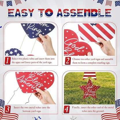 RattanView 6 Pack Outdoor 4th of July Yard Signs Stars and Heart Front Porch Decor with Stakes Red White Blue Lawn Sign Flower Pot for Garden Patio Lawn Independence Day Patriotic Party Decorations