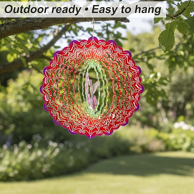 Hanging Wind Spinner 12 Inch, Hummingbird 3D Stainless Steel Wind Spinner, Garden Yard Patio Decor, Indoor Window Wall Art for Relaxation, Mindfulness, Calming Gift