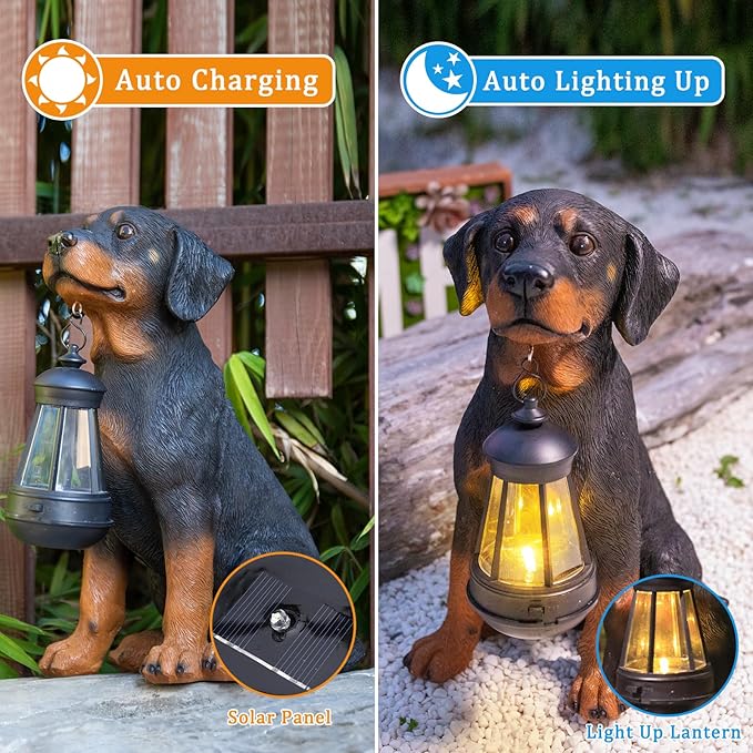 Garden Dog Statues Outdoor Decor, 13" Solar Powered LED Lights Outdoor Statue Garden Decorations Rottweiler Figurine for Patio, Lawn, Yard Decor, Valentines Day Gifts, Housewarming Garden Gift