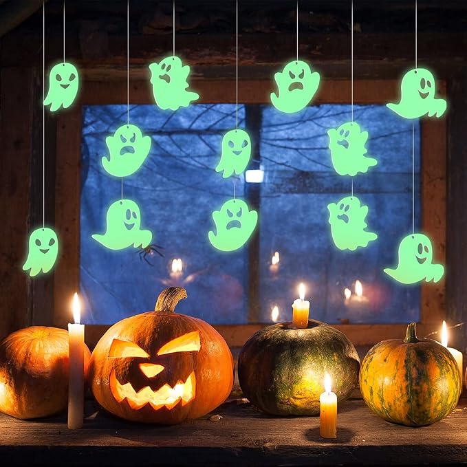 12 Pcs Hanging Bats Halloween Decoration Outside Pumpkin Skeleton Spider Outdoor Lawn Decorations 3 Different Size Realistic Ghost for Hanging in The Tree Porch Yard Lawn Indoor (Fluorescent Ghost)