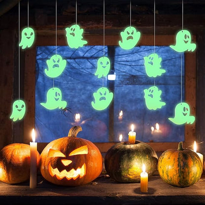 12 Pcs Hanging Bats Halloween Decoration Outside Pumpkin Skeleton Spider Outdoor Lawn Decorations 3 Different Size Realistic Ghost for Hanging in The Tree Porch Yard Lawn Indoor (Fluorescent Ghost)