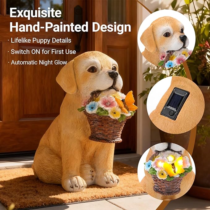 Solar Garden Dog Statue Outdoor Decor – Funny Golden Puppy Figurine with Butterfly & Flower Basket, Resin Yard Porch Patio Ornaments, Unique Christmas Birthday Gifts for Mom Grandma Women
