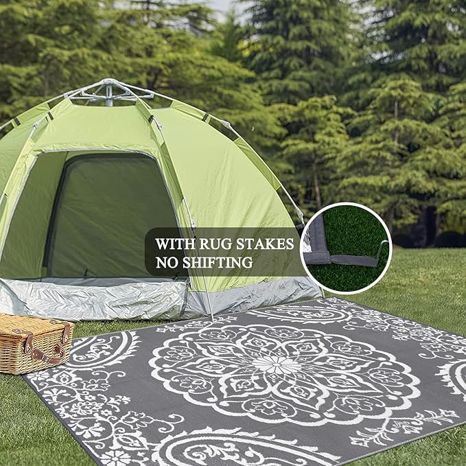 Pauwer Waterproof Outdoor Rug 5x8, Reversible Plastic Straw Patio Camping Rug, Indoor Outdoor RV Mat Carpet for Deck, Camper, Porch, Balcony, Backyard, Picnic, Boho Grey