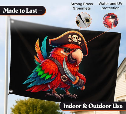 3x5 Ft Pirate Parrot Polyester Flag with 2 Grommets - Garden Yard Porch Patio Banner for Decor - Pirate Parrot Single Sided Flag or Black Boat Flags or Banners Man Cave Parrot - Outside Pirate Banner