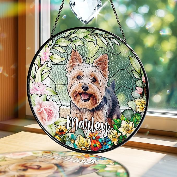 VINATIMES Personalized Pet Stained Glass Window Hanging, Pet Portrait Stained Glass Memorial, Dog Loss Sympathy Gift, Pet Remembrance Gift Dog, Cats Remembrance Gifts, Cat Loss Sympathy Gifts